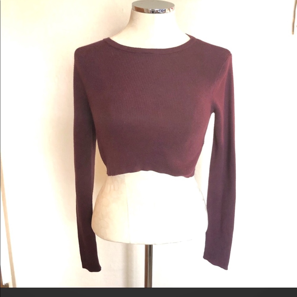 Cropped Ribbed Long Sleeve Burgundy Top Sweater